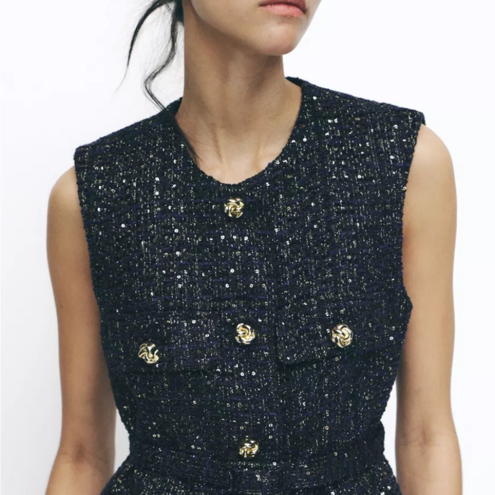 NWT Zara Navy Tweed Vest with Gold Accents